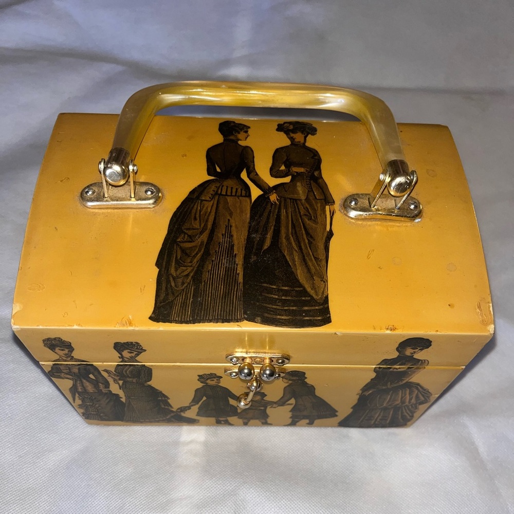 Vintage Style Yellow Handbag with Victorian Print